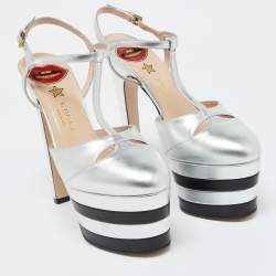 Gucci Silver Leather Angel T-Strap Platform Sandals Size 37