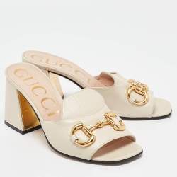 Pre Owned Gucci Cream Leather Horsebit Slide Sandals Size 38