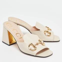 Pre Owned Gucci Cream Leather Horsebit Slide Sandals Size 39.5