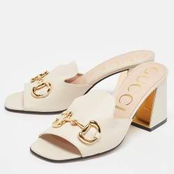 Pre Owned Gucci Cream Leather Horsebit Slide Sandals Size 39.5