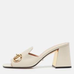Pre Owned Gucci Cream Leather Horsebit Slide Sandals Size 39.5
