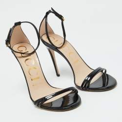 Gucci Black Patent Leather Ilse Ankle Strap Sandals Size 36.5