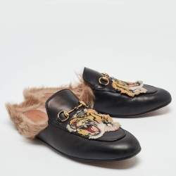 Pre Owned Gucci Black Leather and Fur Tiger Embroidered Princetown Mules Size 41