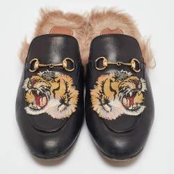 Pre Owned Gucci Black Leather and Fur Tiger Embroidered Princetown Mules Size 41