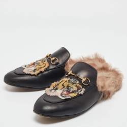 Pre Owned Gucci Black Leather and Fur Tiger Embroidered Princetown Mules Size 41