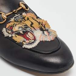 Pre Owned Gucci Black Leather and Fur Tiger Embroidered Princetown Mules Size 41