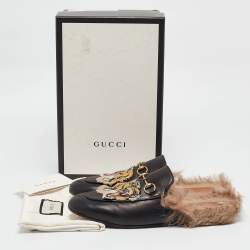 Pre Owned Gucci Black Leather and Fur Tiger Embroidered Princetown Mules Size 41