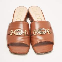 Gucci Brown Leather Zumi Slide Sandals Size 40.5