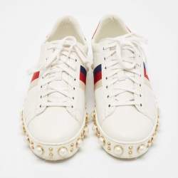Gucci White Leather Studded and Pearl Embellished Ace Sneakers Size 40