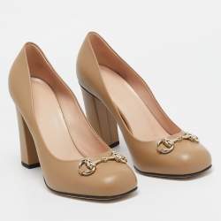 Gucci Beige Leather Horsebit Block Heel Pumps Size 39