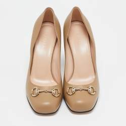 Gucci Beige Leather Horsebit Block Heel Pumps Size 39