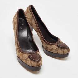 Gucci Beige/Brown GG Canvas and Leather Platform Pumps Size 38.5