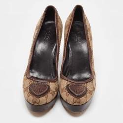 Gucci Beige/Brown GG Canvas and Leather Platform Pumps Size 38.5