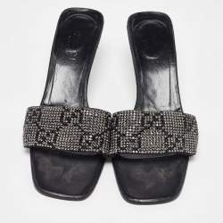Gucci Black Fabric Crystal Embellished Slide Sandals Size 38.5