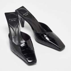 Gucci Black Croc Embossed Leather Mock Mules Size 38