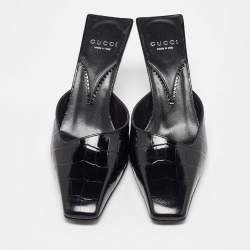 Gucci Black Croc Embossed Leather Mock Mules Size 38