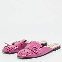 Pre Owned Gucci Purple Patent Leather GG Marmont Fringed Flat Mules Size 38.5