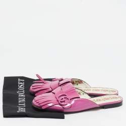 Pre Owned Gucci Purple Patent Leather GG Marmont Fringed Flat Mules Size 38.5