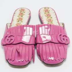 Pre Owned Gucci Purple Patent Leather GG Marmont Fringed Flat Mules Size 38.5