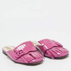 Pre Owned Gucci Purple Patent Leather GG Marmont Fringed Flat Mules Size 38.5