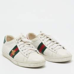 Pre Owned Gucci White Leather and Snakeskin Embossed Ace Lace Up Sneakers Size 38