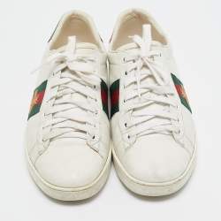 Pre Owned Gucci White Leather and Snakeskin Embossed Ace Lace Up Sneakers Size 38