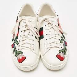 Gucci White Leather Floral Embroidered Ace Low Top Sneakers Size 38.5