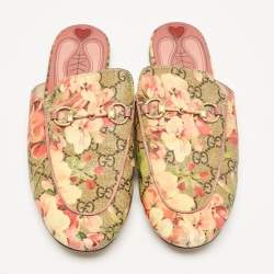 Pre Owned Gucci Beige/Brown GG Supreme Canvas Blooms Print Princetown Flat Mules Size 39