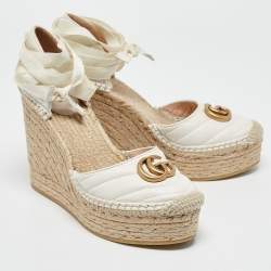 Gucci  White Leather GG Marmont Platform Wedge Espadrilles Size 39