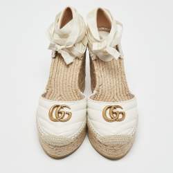 Gucci  White Leather GG Marmont Platform Wedge Espadrilles Size 39