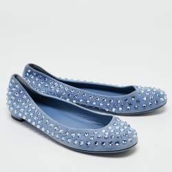Pre Owned Gucci Blue Suede Crystal Studded Suede Ballet Flats Size 38