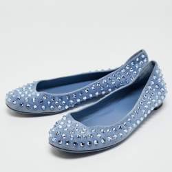 Pre Owned Gucci Blue Suede Crystal Studded Suede Ballet Flats Size 38