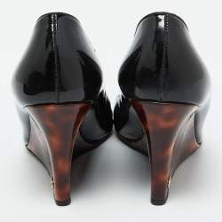 Gucci Black Patent Leather Interlocking G Peep Toe Wedge Pumps Size 40