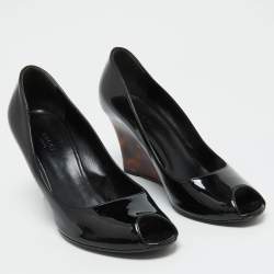 Gucci Black Patent Leather Interlocking G Peep Toe Wedge Pumps Size 40