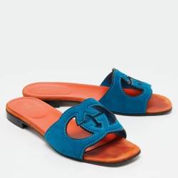 Pre Owned Gucci Blue Suede Interlocking G Flat Slides Size 37