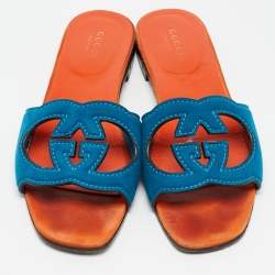 Pre Owned Gucci Blue Suede Interlocking G Flat Slides Size 37