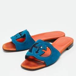 Pre Owned Gucci Blue Suede Interlocking G Flat Slides Size 37