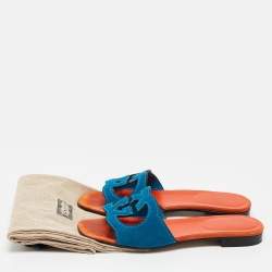 Pre Owned Gucci Blue Suede Interlocking G Flat Slides Size 37