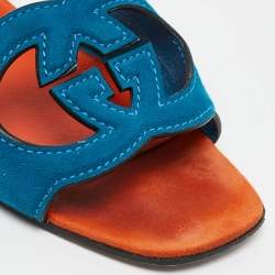 Pre Owned Gucci Blue Suede Interlocking G Flat Slides Size 37