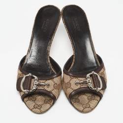 Gucci Brown/Beige GG Canvas Icon Bit Slide Sandals Size 37