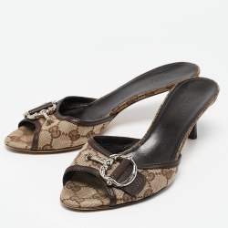 Gucci Brown/Beige GG Canvas Icon Bit Slide Sandals Size 37