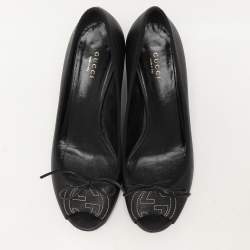 Pre Owned Gucci Black Leather Interlocking G Bow Wedge Pumps Size 38