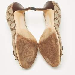 Pre Owned Gucci Brown/Beige GG Canvas Buckle Detail Peep Toe Pumps Size 36