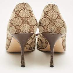 Pre Owned Gucci Brown/Beige GG Canvas Buckle Detail Peep Toe Pumps Size 36