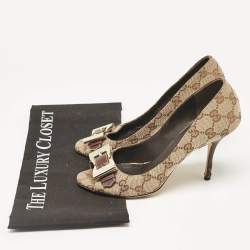 Pre Owned Gucci Brown/Beige GG Canvas Buckle Detail Peep Toe Pumps Size 36