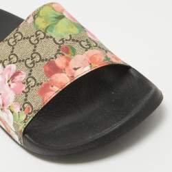 Pre Owned Gucci Beige/Brown GG Supreme Canvas Blooms Print Pool Slides Size 42