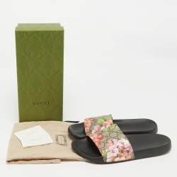 Pre Owned Gucci Beige/Brown GG Supreme Canvas Blooms Print Pool Slides Size 42