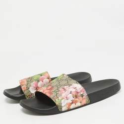 Pre Owned Gucci Beige/Brown GG Supreme Canvas Blooms Print Pool Slides Size 42