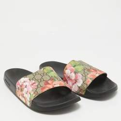Pre Owned Gucci Beige/Brown GG Supreme Canvas Blooms Print Pool Slides Size 42