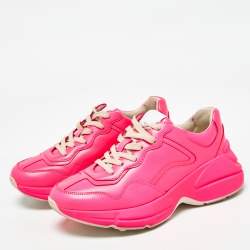 Gucci Neon Pink Leather Rhyton Lace Up Sneakers Size 35